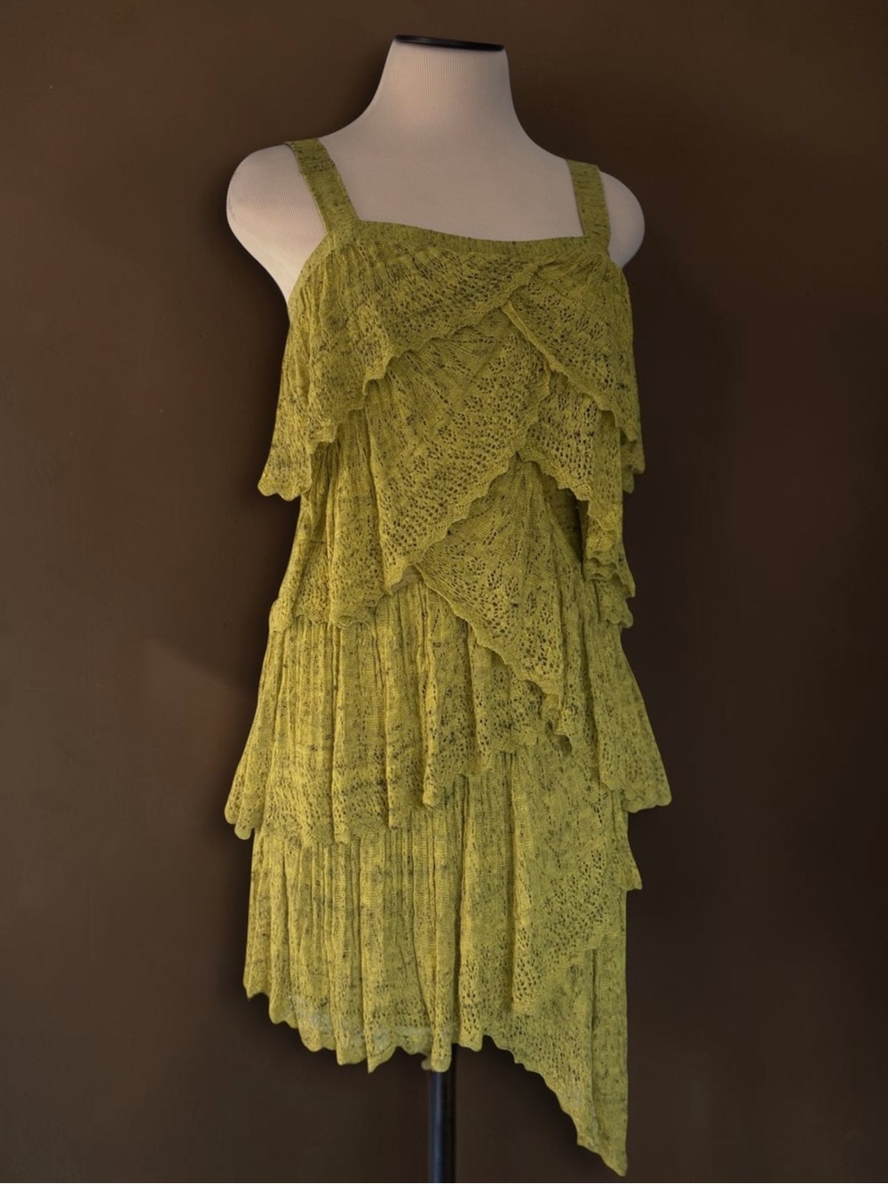 Betsey Johnson Runway Y2K Vintage Knit Ruffle Tiered Mini Dress Chartreuse - Picture 3 of 8